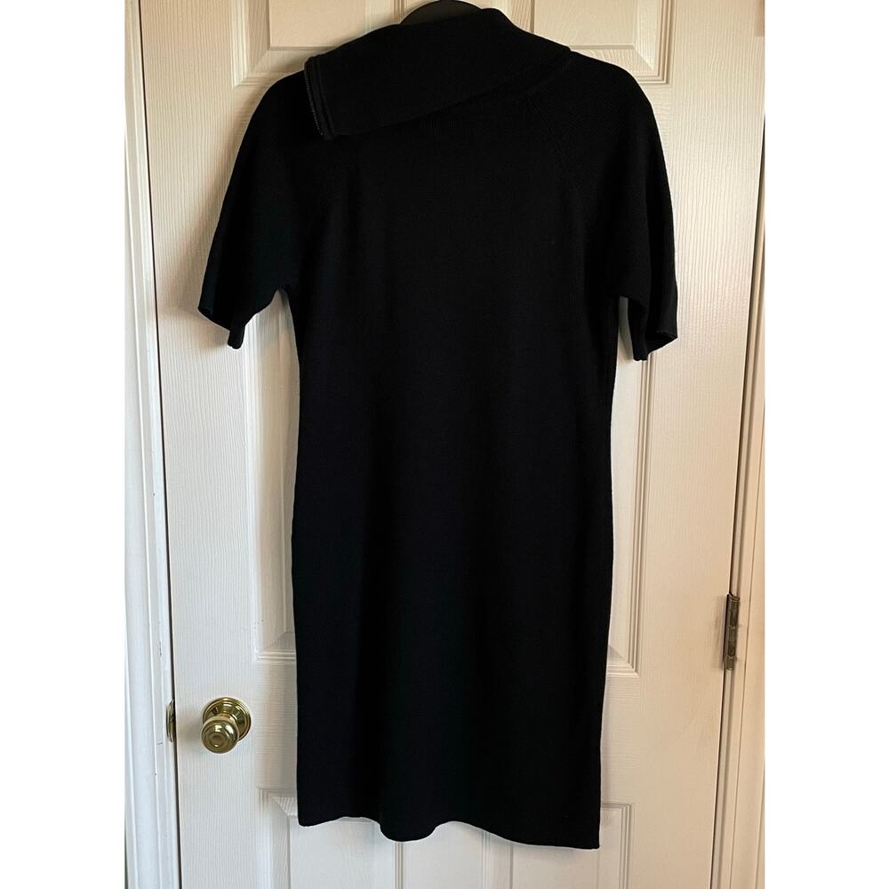 Calvin Klein Sweater Dress M Short Sleeve Diagonal Zippered Cowl Neck Black Chic - Picture 2 of 9